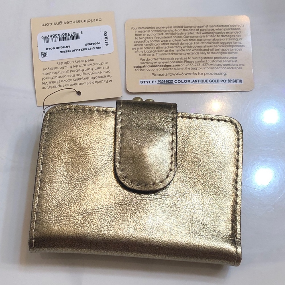 Patricia Nash Iberia Vintage Distressed Metallic Leather Wallet Antique Gold NWT